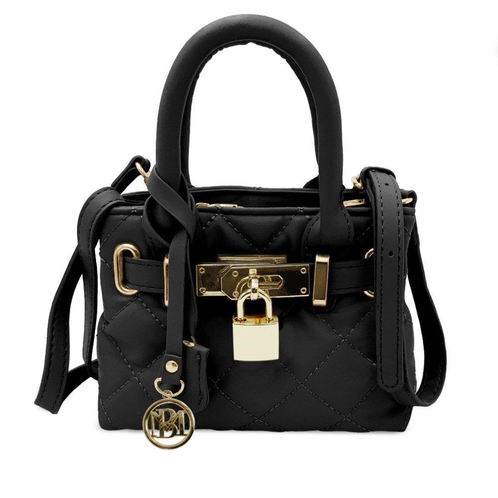 Bagdley Mischka Mini Black Quilted Handbag/Shoulderbag with Gold Accents & Lock - Picture 1 of 4